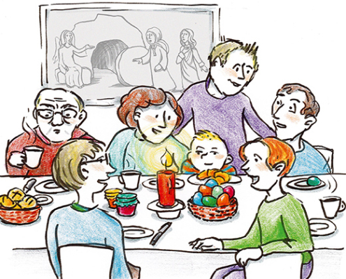 Menschen verschiedener Generationen sitzen um einen Frühstücktisch.
