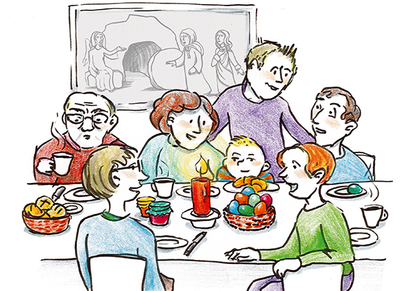 Menschen verschiedener Generationen sitzen um einen Frühstücktisch.